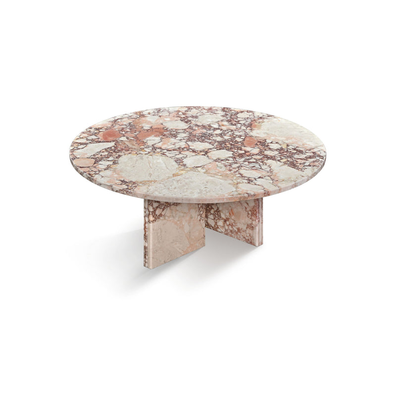 Round pink and beige marble coffee table with integrated stone pedestal base