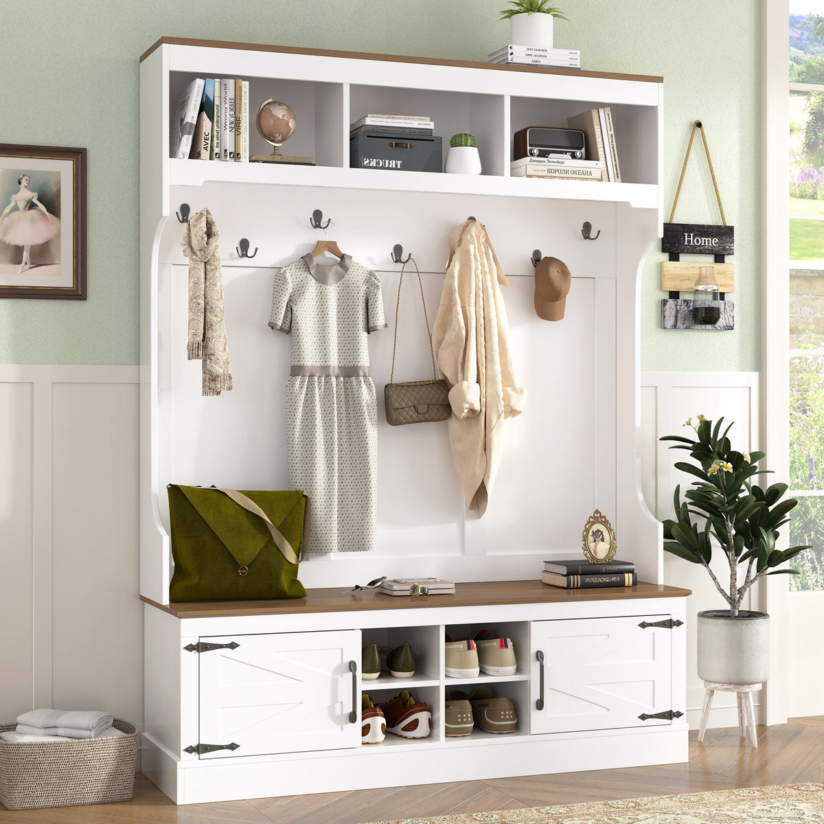 White hall tree with bench and open shoe cubbies, coat display hooks