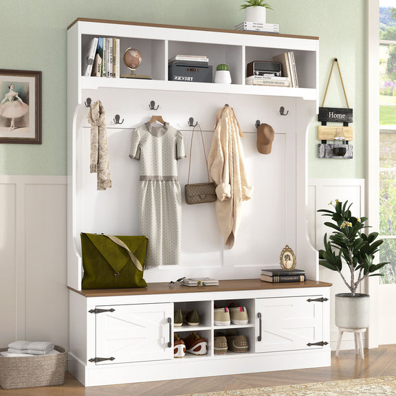 White hall tree with bench and open shoe cubbies, coat display hooks