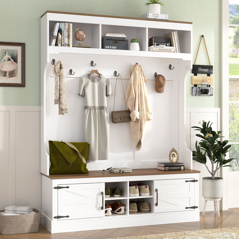 White hall tree with bench and open shoe cubbies, coat display hooks