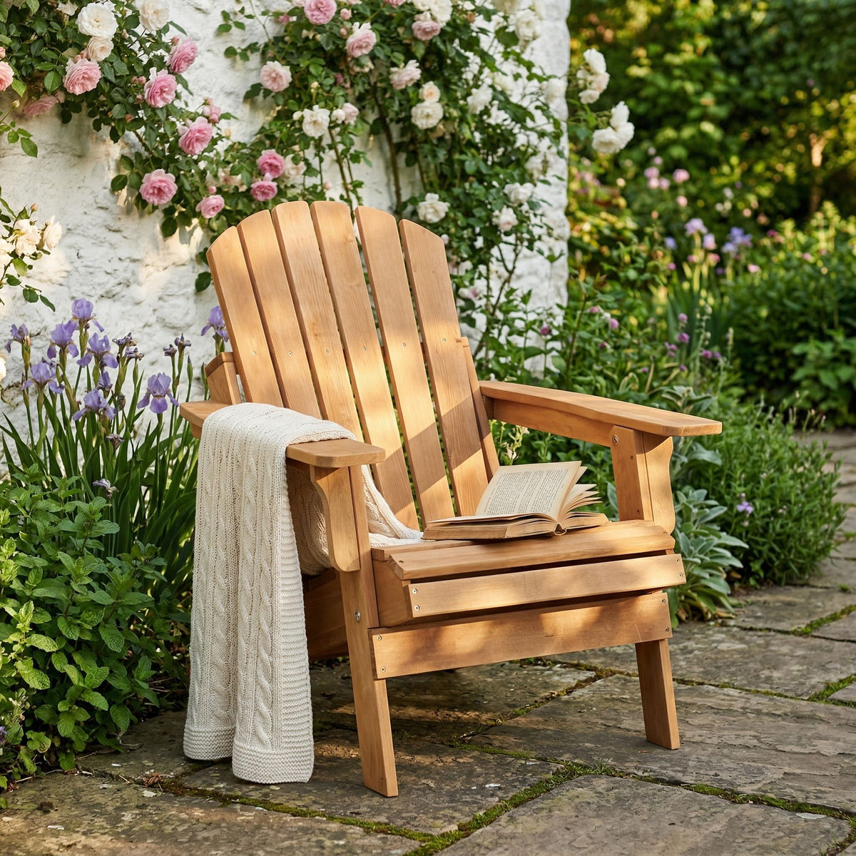 Folding Adirondack patio chair in light brown wood, slatted back and armrests