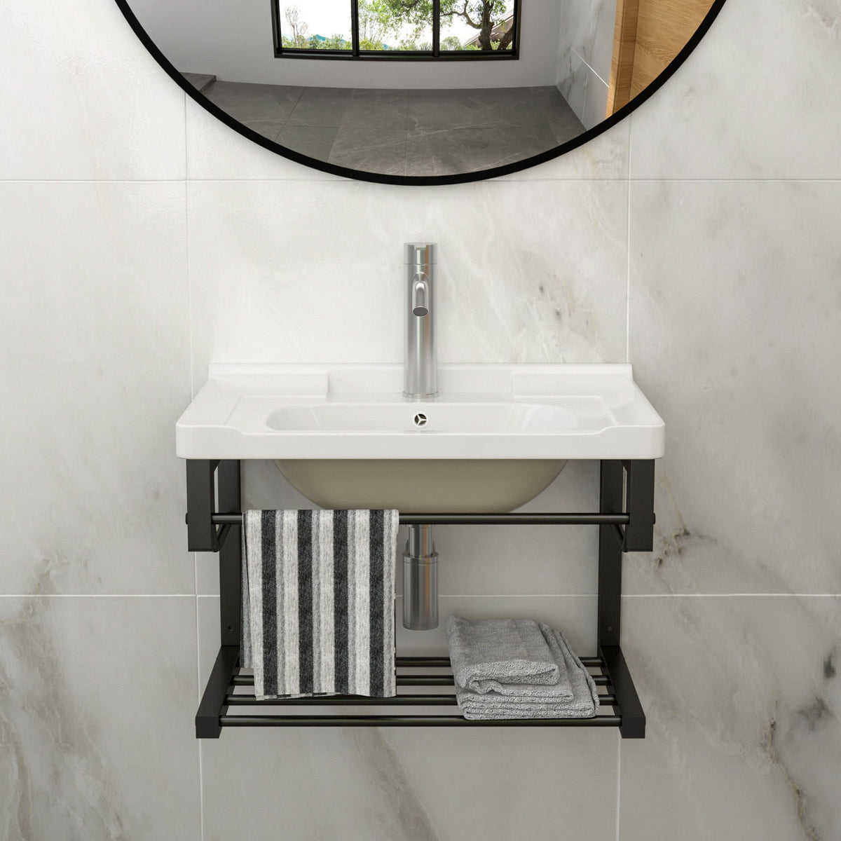 Wall Mounted Rectangular Bathroom Sink With Towel Bar & Overflow - White