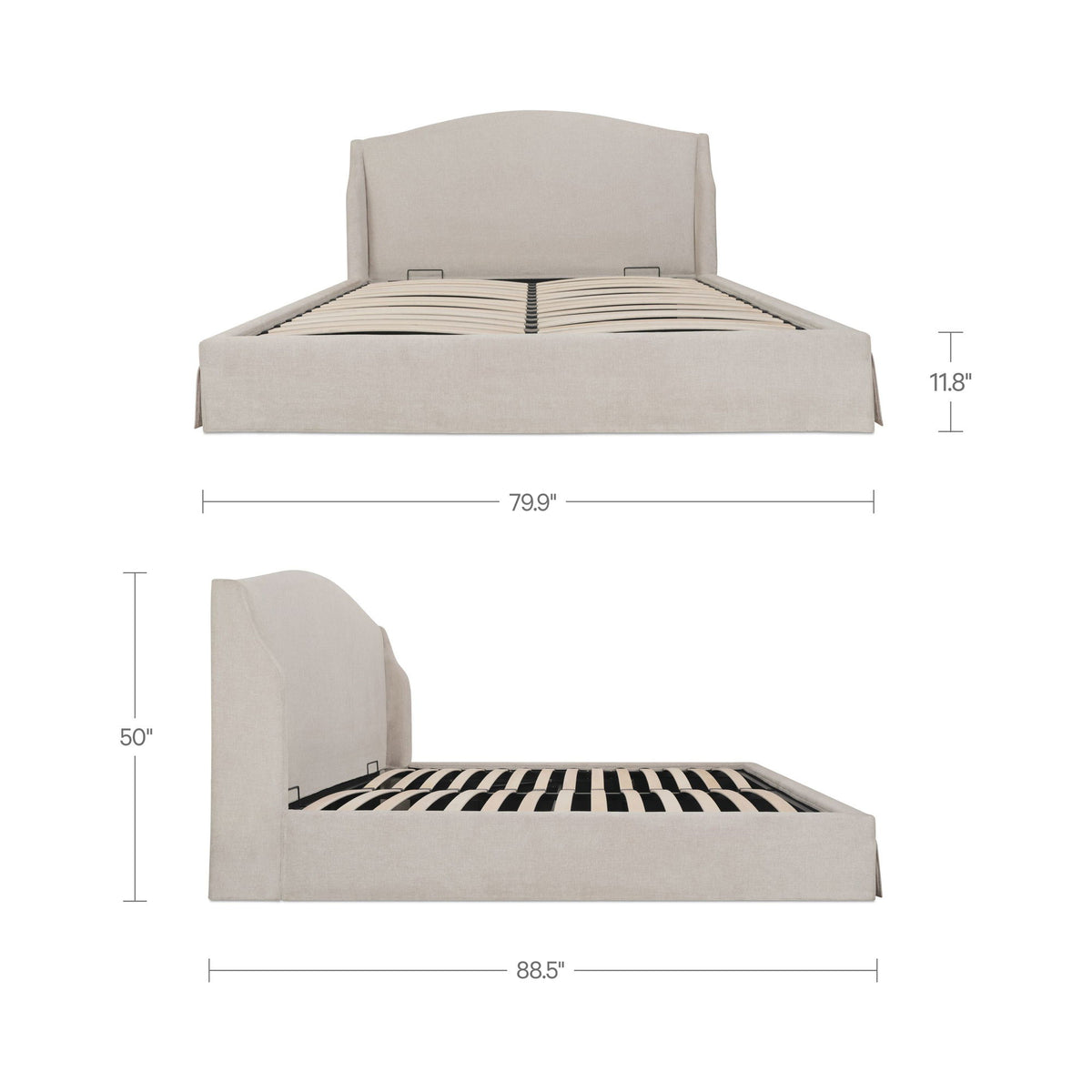 Cream king upholstered bed frame with arched headboard; sizing diagram shown