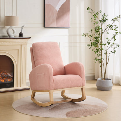 27.2'W Rocking Chair for Nursery, Sherpa Glider Chair with High Back and Side Pocket, Rocking Accent Armchair with Rubber Wood Legs for Living Room/Bedroom, Pink