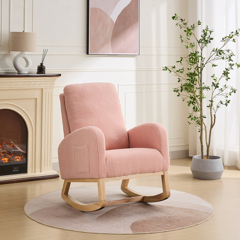 27.2'W Rocking Chair for Nursery, Sherpa Glider Chair with High Back and Side Pocket, Rocking Accent Armchair with Rubber Wood Legs for Living Room/Bedroom, Pink
