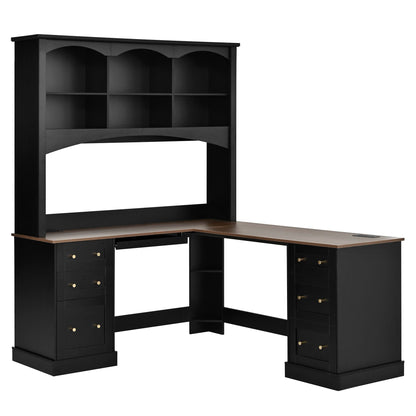 Black L-shaped computer desk with built-in shelving and side drawers