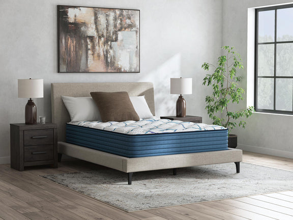 Plush mattress with white patterned cover on bed frame, bedroom display