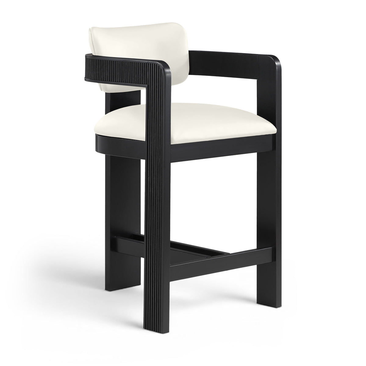 White vegan leather counter stool with padded seat and fluted back panel on black frame