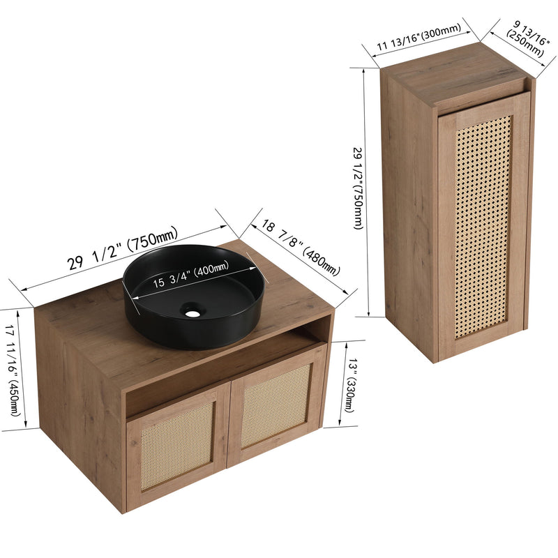 Floating bathroom vanity with black vessel sink and side cabinet, wood-tone base, rattan door fronts