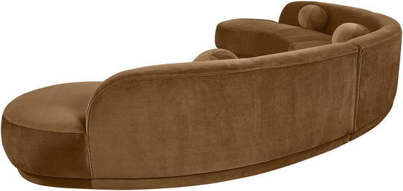 Dark brown velvet performance sectional with chaise and rounded cushions