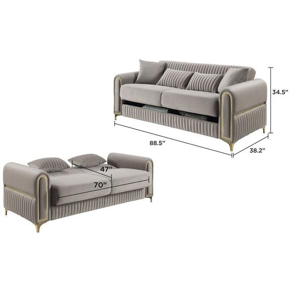 Sofa in light gray with ribbed back and gold-trim accents, shown with size measurements