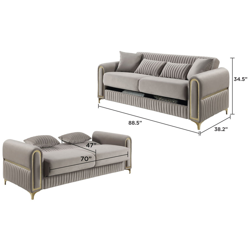Sofa in light gray with ribbed back and gold-trim accents, shown with size measurements