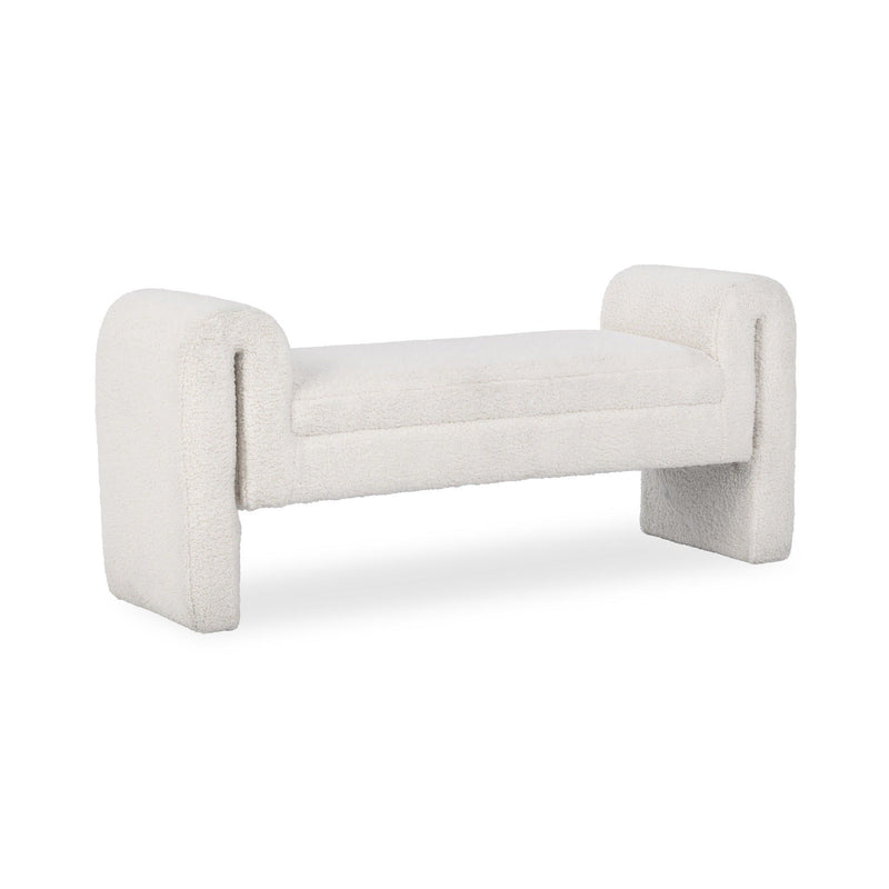 Ivory fleece upholstered bench front view with rounded arms and single seat