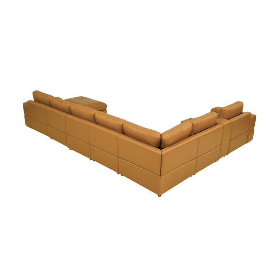 Light brown modular sectional sofa with large square arms and built-in chaise section