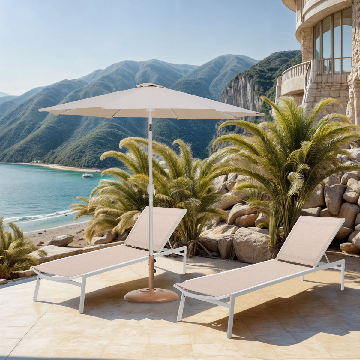 Fiji - Aluminum Patio Umbrella With Round Teak And White Base