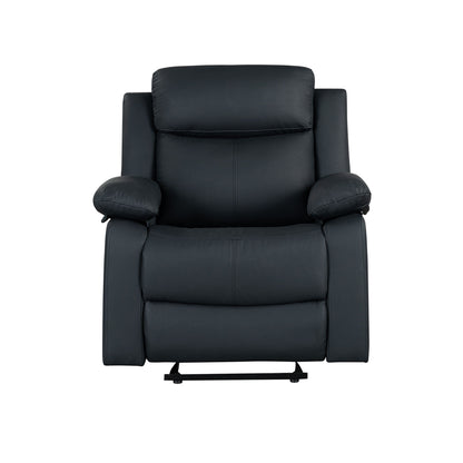 Black glider recliner with pillow-top arms and padded headrest