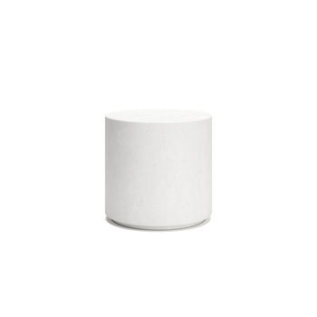 White round side table with a short cylindrical base and slim metal rim.