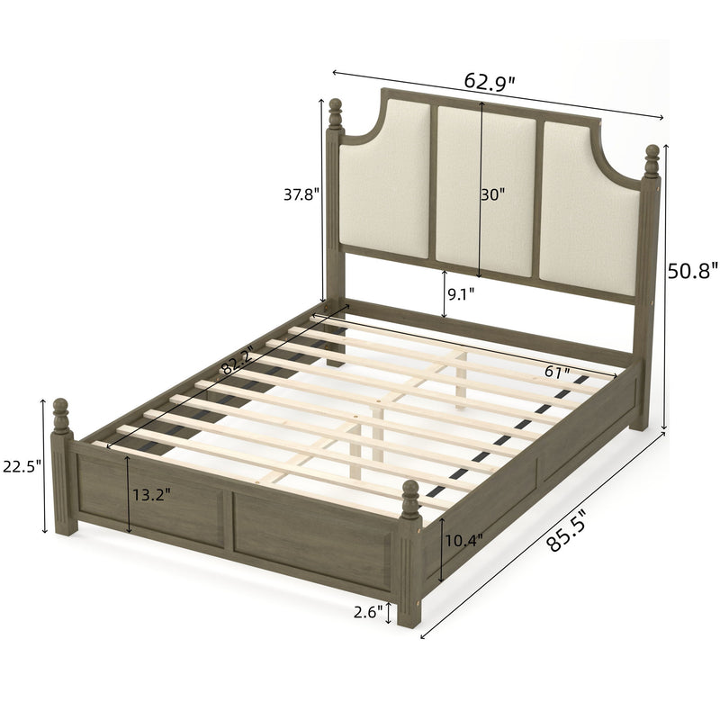 Dark brown platform bed frame with tall linen upholstered headboard and shown dimensions