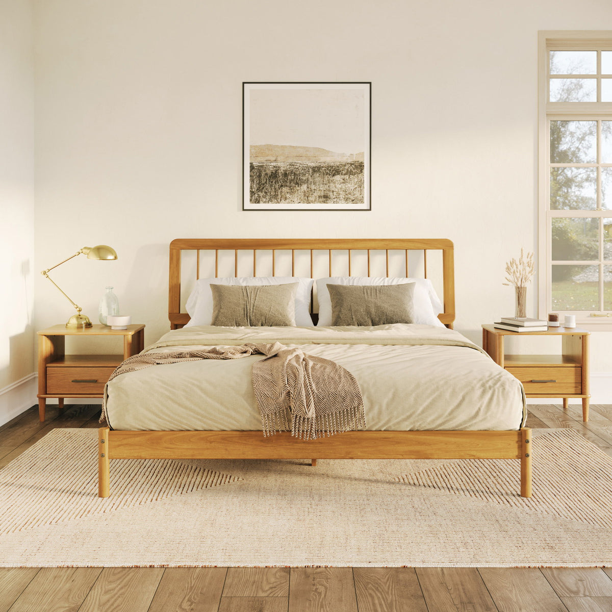 King Spindle Bed Mid Century Modern - Caramel