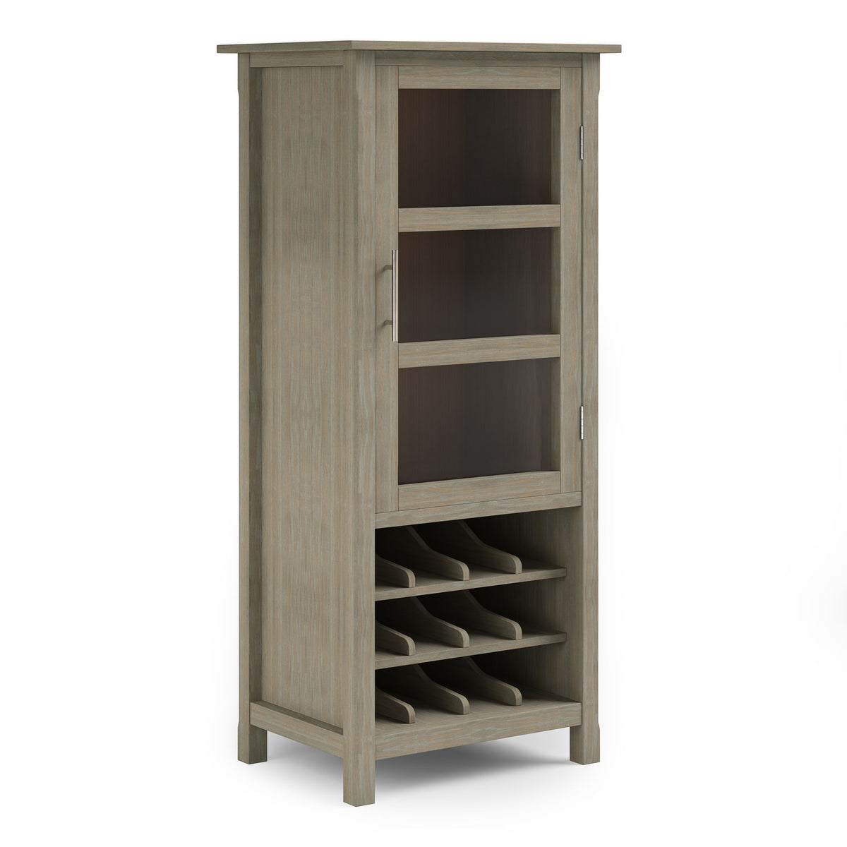 Light brown wine rack cabinet with open shelves and bottle slots through door