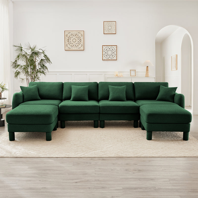 4-Seater U-Shaped Boucle Sectional Sofa - Green Boucle
