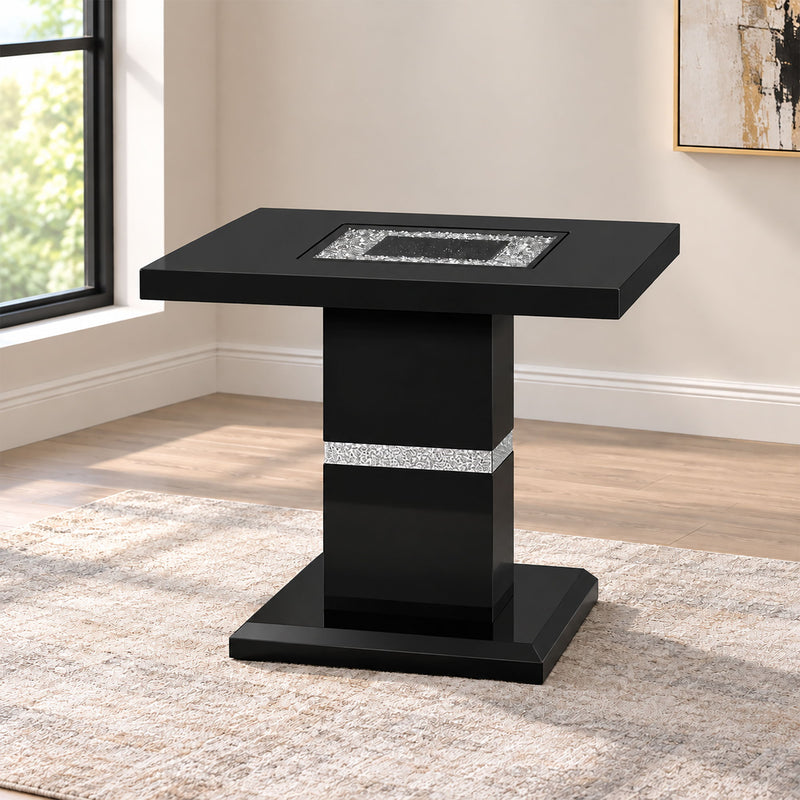Black square end table with silver-speckled inlay on top and pedestal base