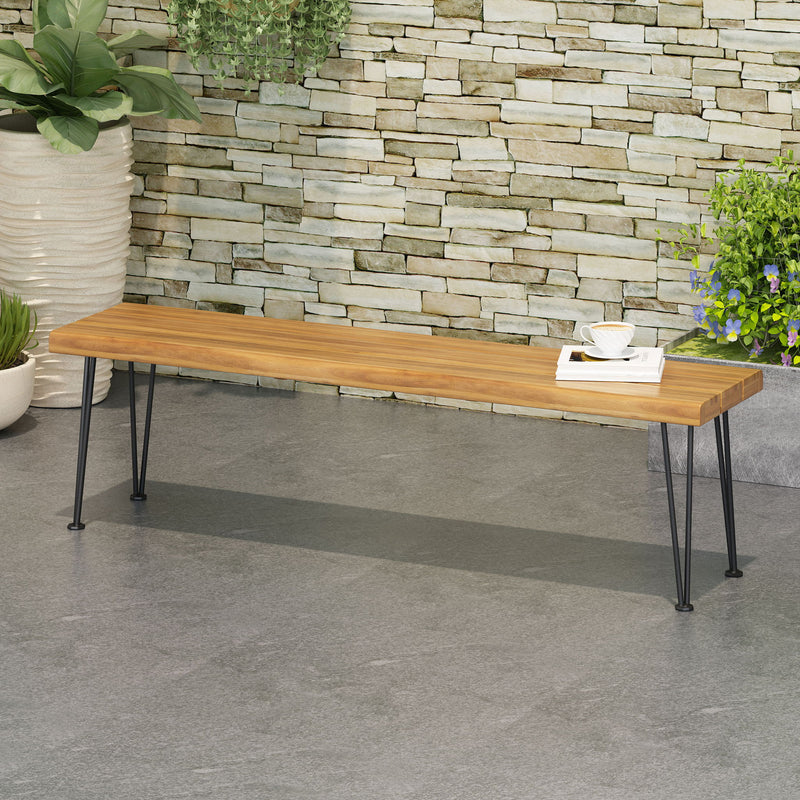 Zion - Industrial Wood And Metal Rectangular Bench With Faux Live Edge Design - Teak