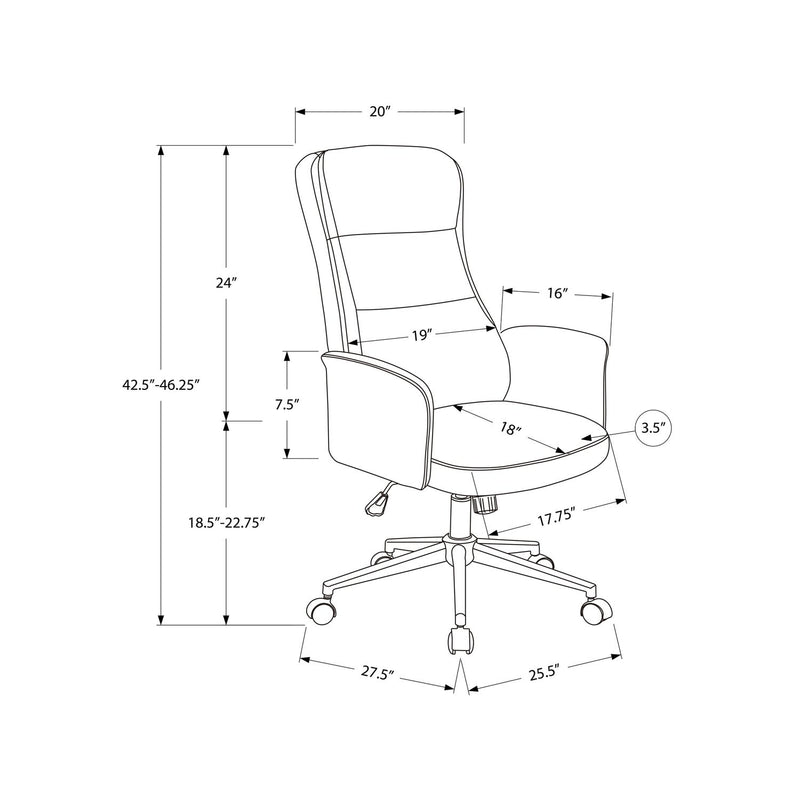 Black office chair dimensions diagram showing height-adjustable padded back and seat