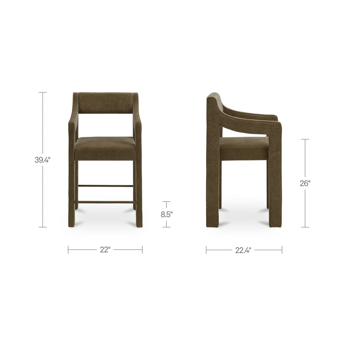 Cedar green counter stool size diagram with upholstered seat, tall back, and wood legs