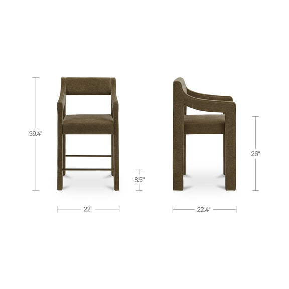 Cedar green counter stool size diagram with upholstered seat, tall back, and wood legs