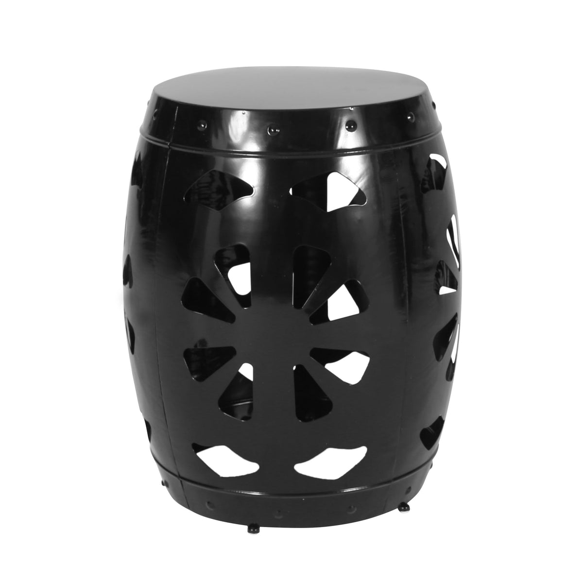 Black metal end table with glossy round top and geometric cutout panels