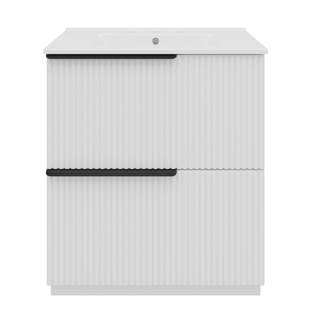 White fluted bathroom vanity cabinet with white ceramic sink and two-door base