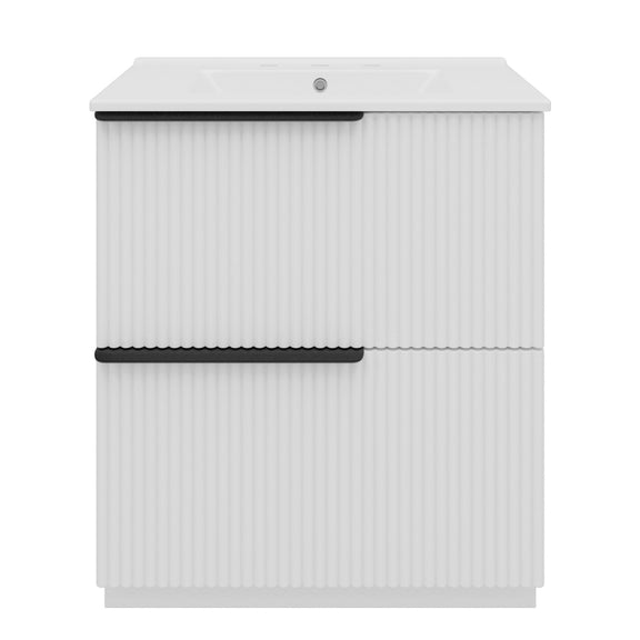 White fluted bathroom vanity cabinet with white ceramic sink and two-door base