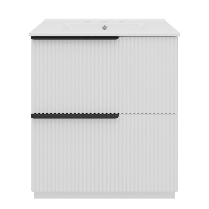 White fluted bathroom vanity cabinet with white ceramic sink and two-door base