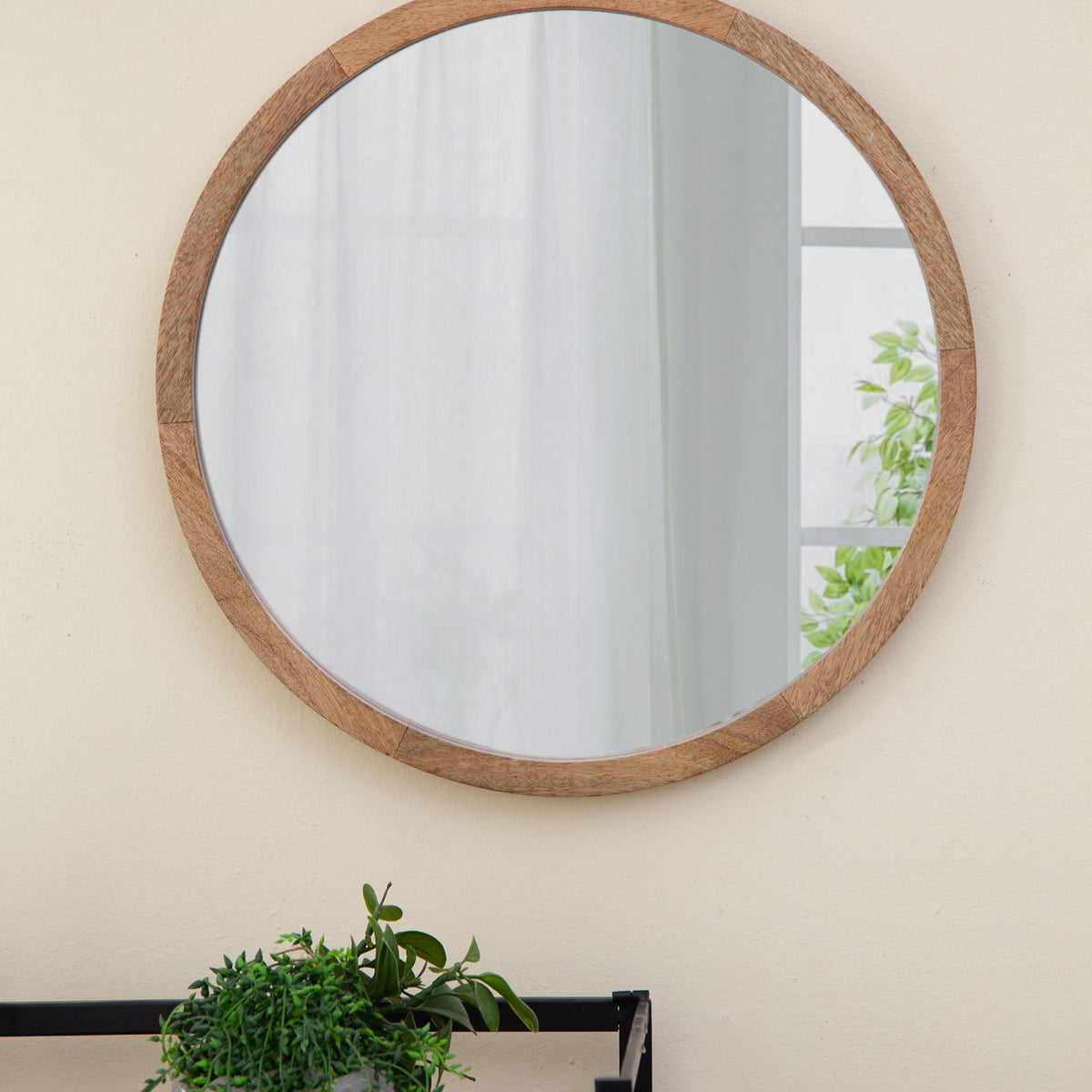 Circle Wall Mirror With Wooden Frame, Wall Mirror For Living Room
