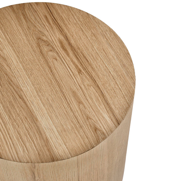 Round end table in light wood tone with rounded tabletop and side view