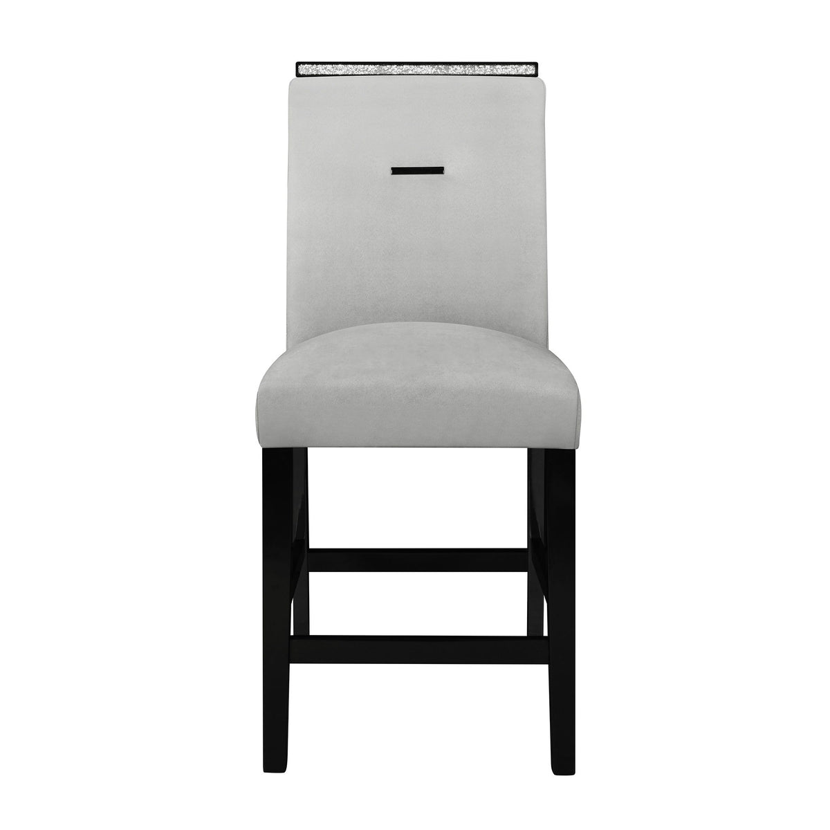Light gray bar stool with padded seat, rectangular back, and black legs