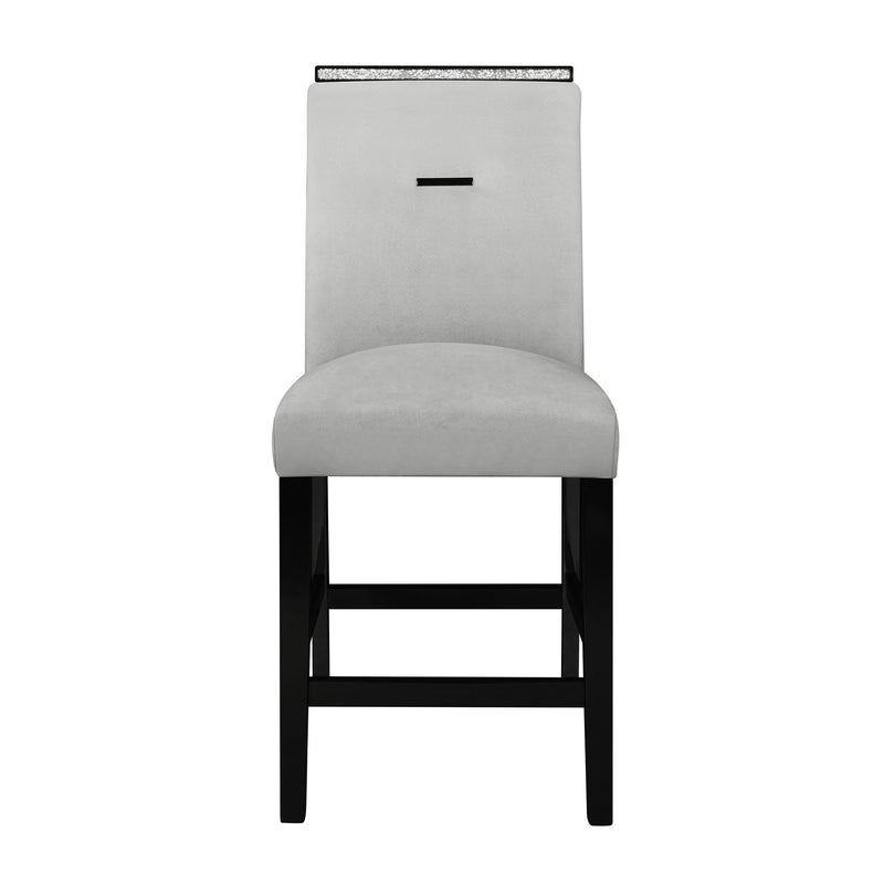 Light gray bar stool with padded seat, rectangular back, and black legs