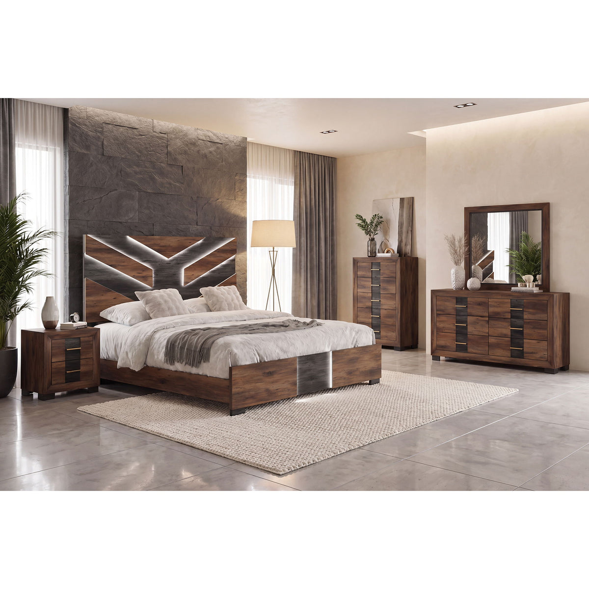 Dark brown 5-drawer chest with black center stripe and gold bar handles, in a bedroom.