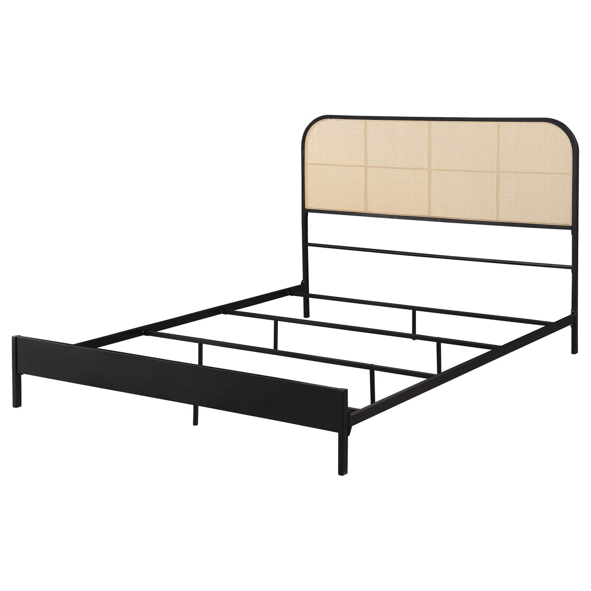 Black bed frame with tan woven headboard and slatted platform for mattress support