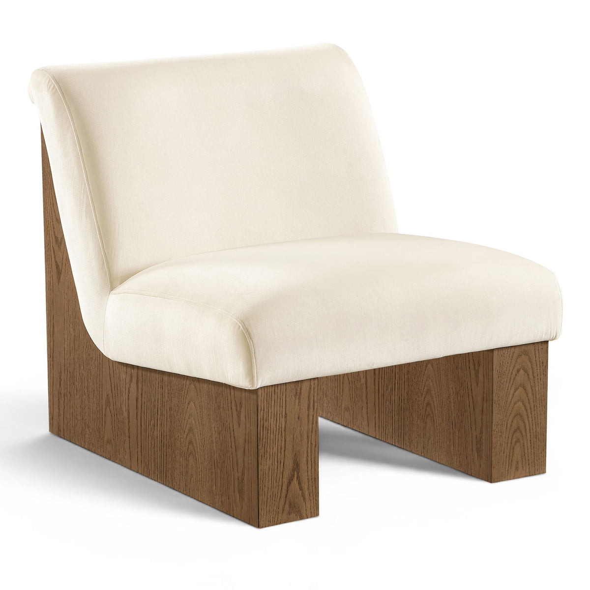 Velvet accent chair with light beige upholstery and walnut-toned wood base, squared arms.