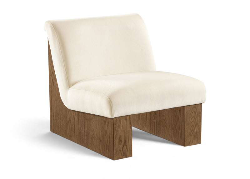 Velvet accent chair with light beige upholstery and walnut-toned wood base, squared arms.