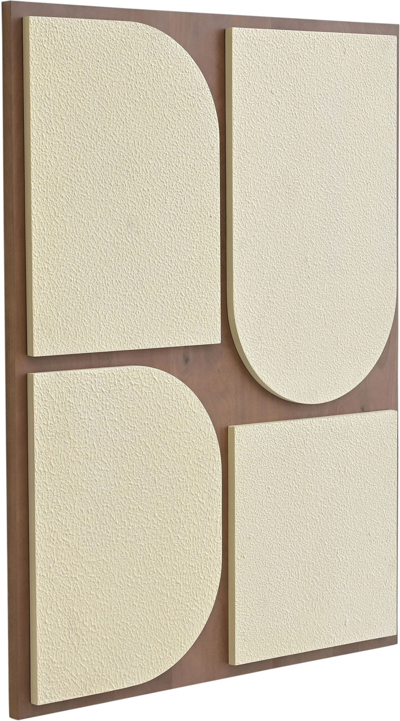 Geometric two-piece wall art with cream textured panels on light brown wood backing