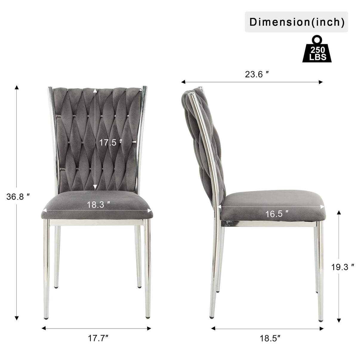 Gray dining chair dimensions diagram with tufted back and padded seat, inch measurements