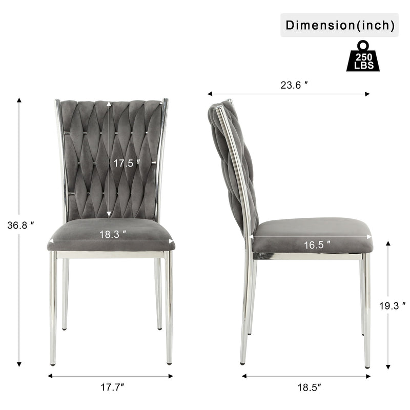 Gray dining chair dimensions diagram with tufted back and padded seat, inch measurements