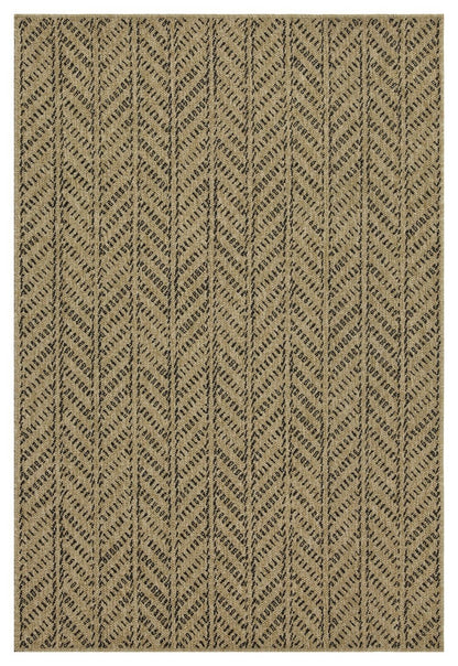 Light brown indoor/outdoor area rug with vertical chevron and dotted motif