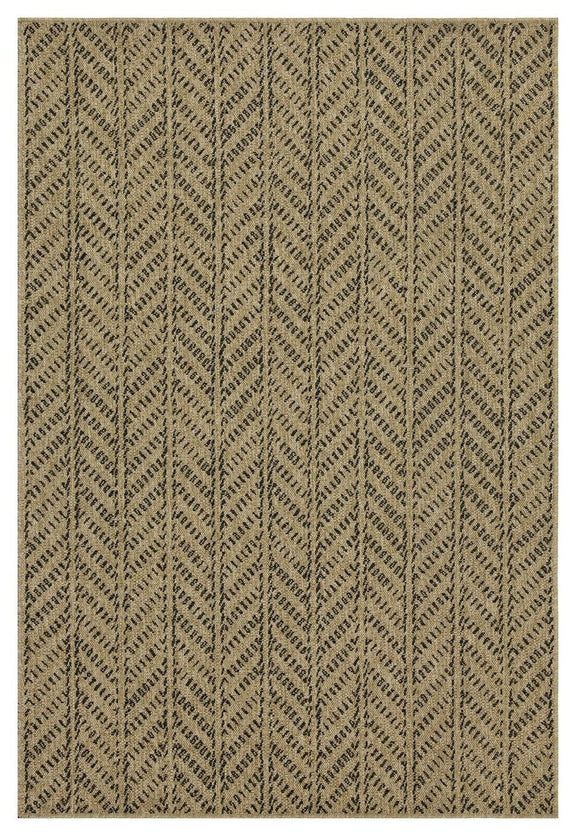 Light brown indoor/outdoor area rug with vertical chevron and dotted motif