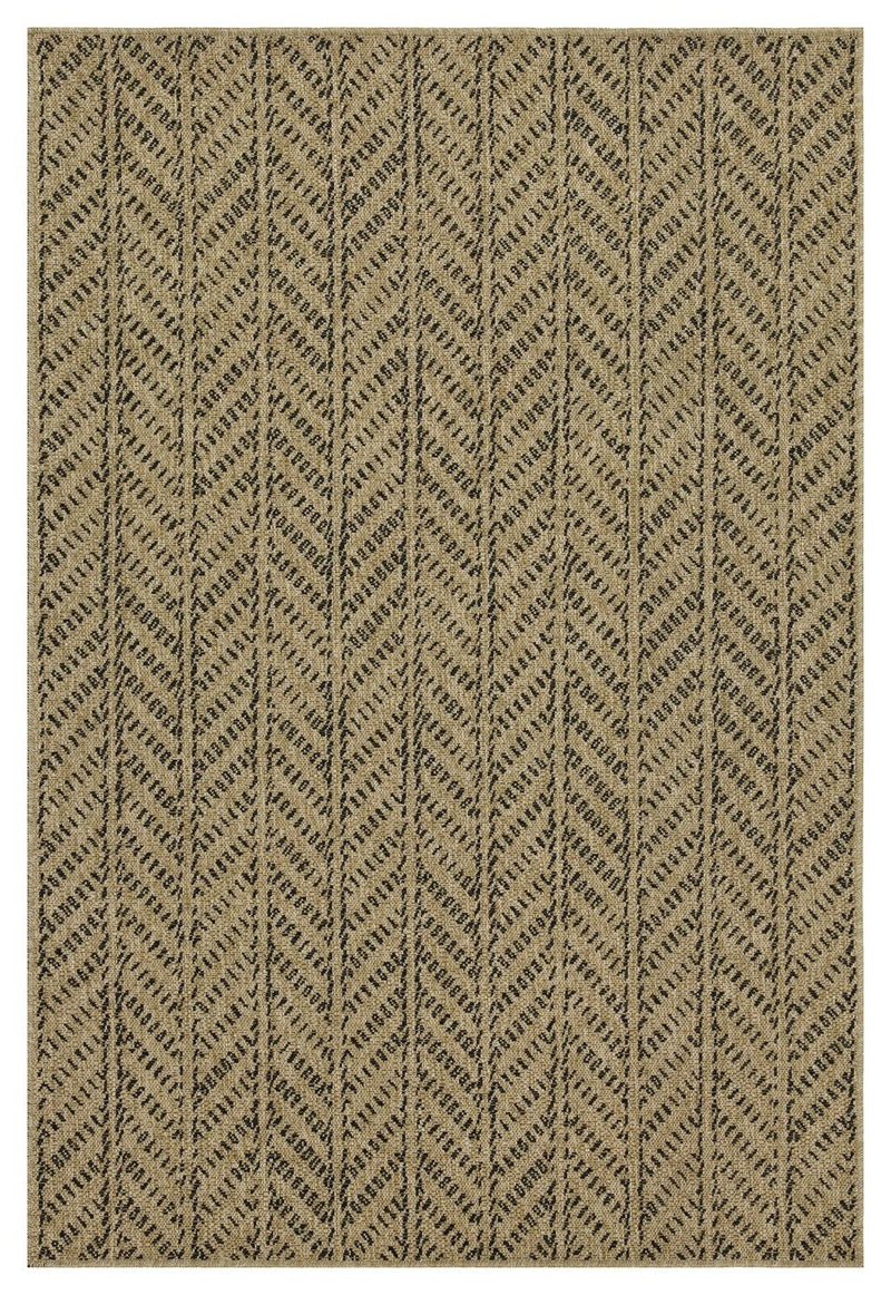 Light brown indoor/outdoor area rug with vertical chevron and dotted motif