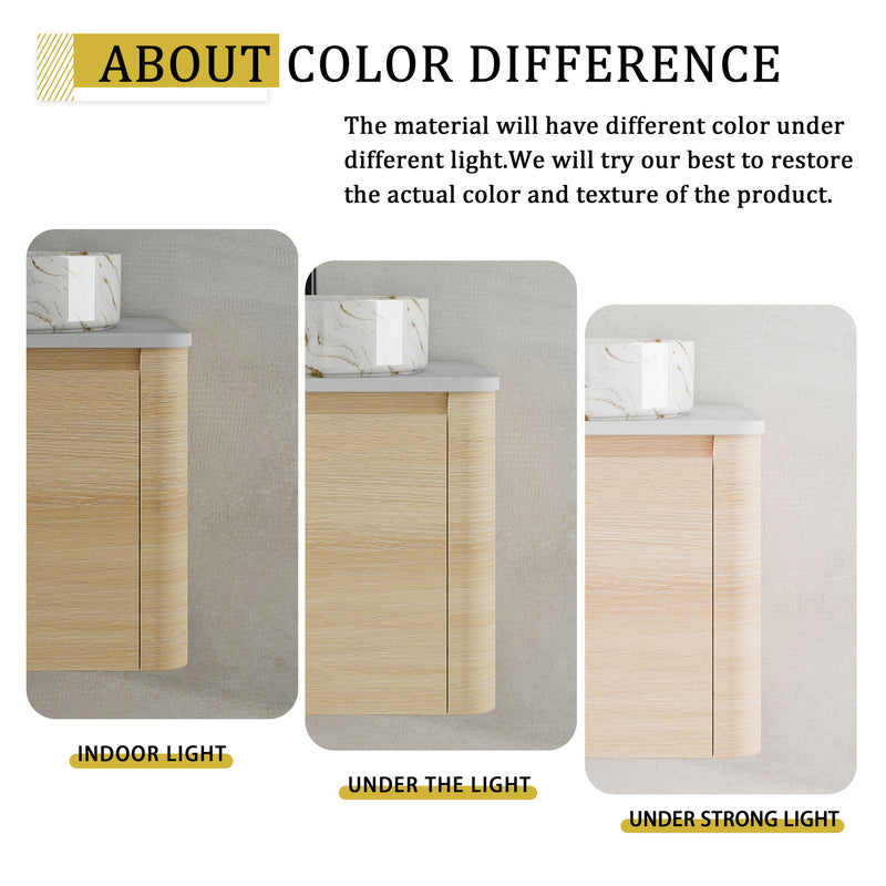 Light wood mounted bathroom vanity with white marble-pattern vessel sink, color variation