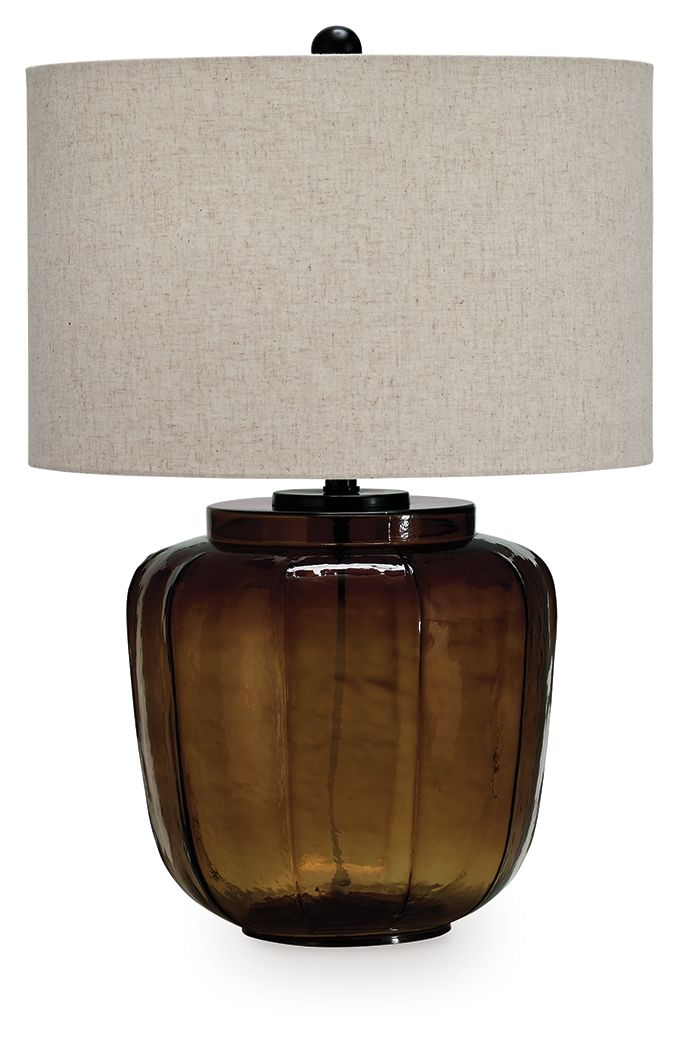 Amber glass table lamp with fabric drum shade and black socket base